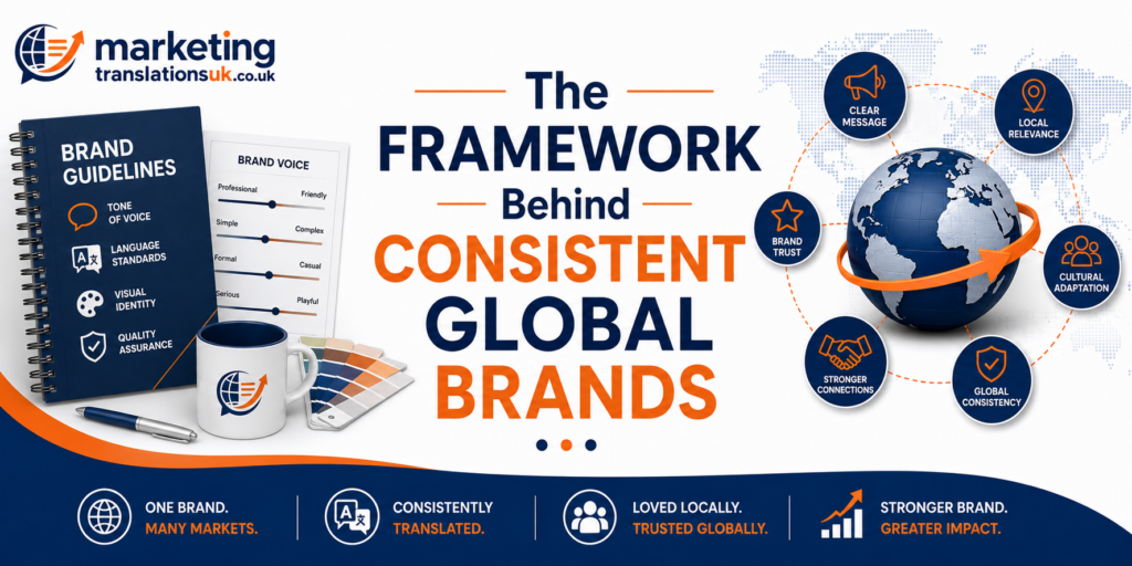 Website localisation governance framework showing brand guidelines, tone of voice standards and global consistency icons